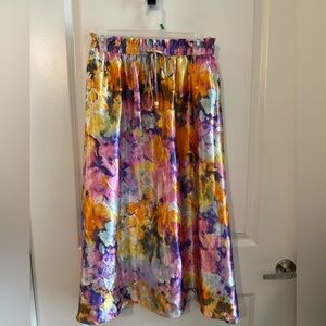 Multi-Color Watercolor Satin Midi Skirt